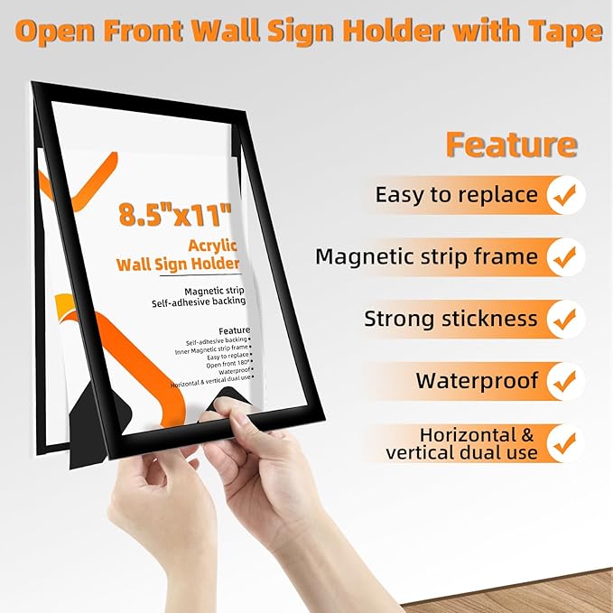 3 Pack 8.5x11 Acrylic Sign Holder Wall Mount with Framed Border, Peel & Stick Adhesive & 180° Flip Design - Single-Sided Clear Plastic Display for Menu, Poster, Flyer (Horizontal/Vertical) - Office, Home, Restaurant