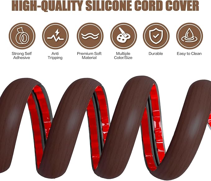 Floor Cord Cover Cavity 0.8"x0.37" Self Adhesive Cord Hider, 3.3FT Low Profile Cable Management, Extension Strip Protector for Wires, Prevent Cable Trips for Offices, Gyms, Exhibitions (Black Wood)