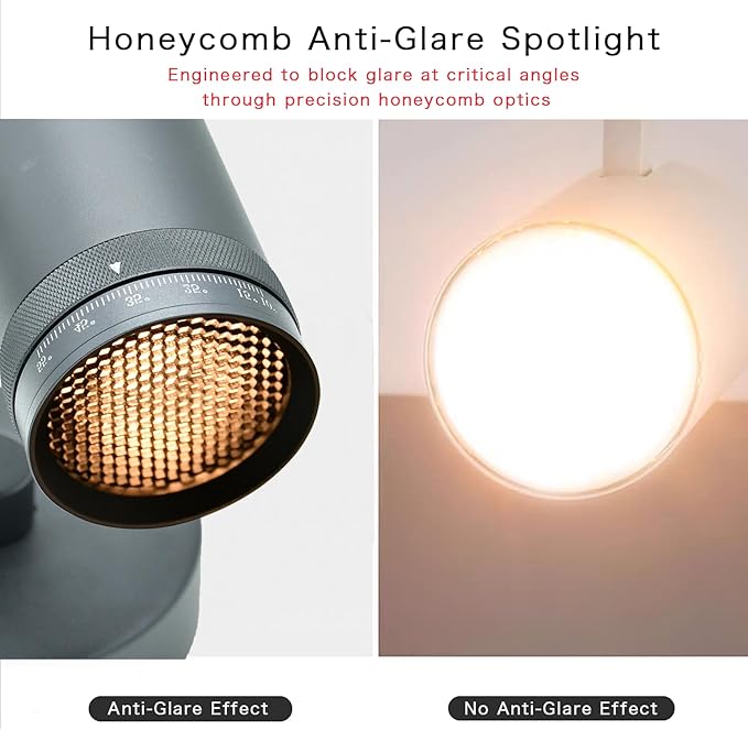 15W LED Dimmable and Zoomable Ceiling Spotlight with Anti-Glare Honeycomb Mesh | Adjustable Spot Light for Living Room, Gallery | 10°-55° Zoom，10%-100% Dim，3000K, CRI 98, Flicker-Free, Black