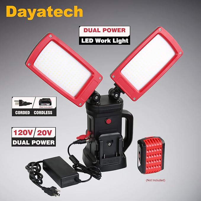 12000LM 85W Corded and Cordless LED Work Light with Tripod, Compatible with MILWAUKEE DEWALT MAKITA 18-21V Battery, Dual-Head Adjustable Jobsite Light, Flicker-Free for Auto Repair Electrical