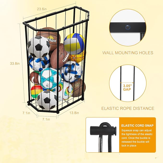 Garage Ball Storage Holder,Elastic Cord Design Can Floor-Standing & Wall-Mounted Use,Used for Basketball,Footbal,Volleyball,Rugby,Home or Outdoors Sports Equipment Storage Ball Rack。(Black)