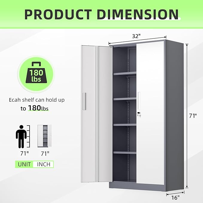 INTEGREAT Metal Storage Cabinet,71" Grey White Office Metal Cabinet with Locking Doors and Adjustable Shelves,Steel Locking Cabinets for Office,Home,Garage,Gym,School