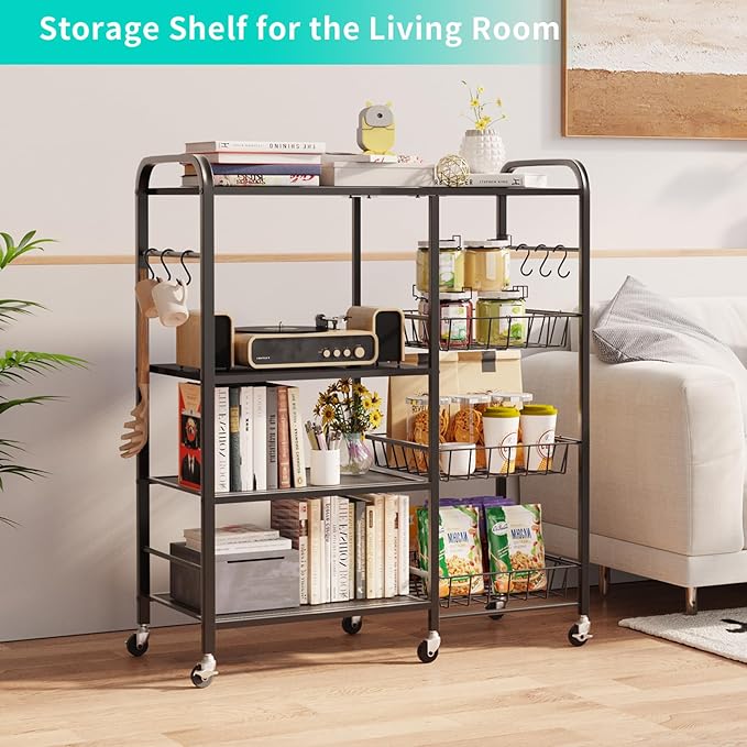 HapiRm Rolling Kitchen Microwave Cart - 4 Tier Microwave Table Stand with Pull-Out Baskets, Coffee Bar Baker's Rack with Wheels Rolling Storage Cart Organizer Shelf for Living Room Office, Balcony