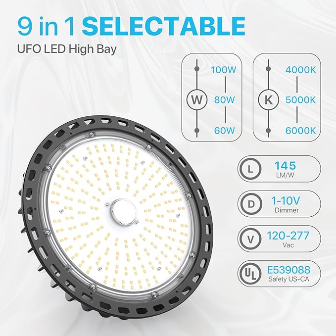 HYPERLITE 4Pack LED UFO High Bay Lights 100W 14,500LM (145lm/w) 5000K 1-10V Dimmable 5' Cable with 110V Plug Hanging Hook Safe Rope UL Listed for Barn Workshop Warehouse Residential