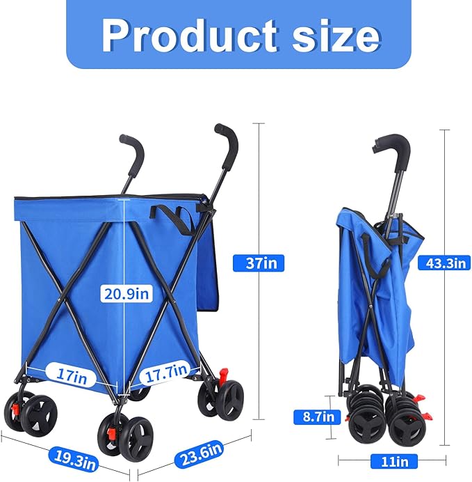 27 Gal/180 LBS Capacity Shopping Cart, Upgrade Huge Grocery Cart on Wheels,Heavy Duty Foldable Utility 360° Rolling Swivel Wheels for Shopping Picnic Groceries Laundry (Blue)