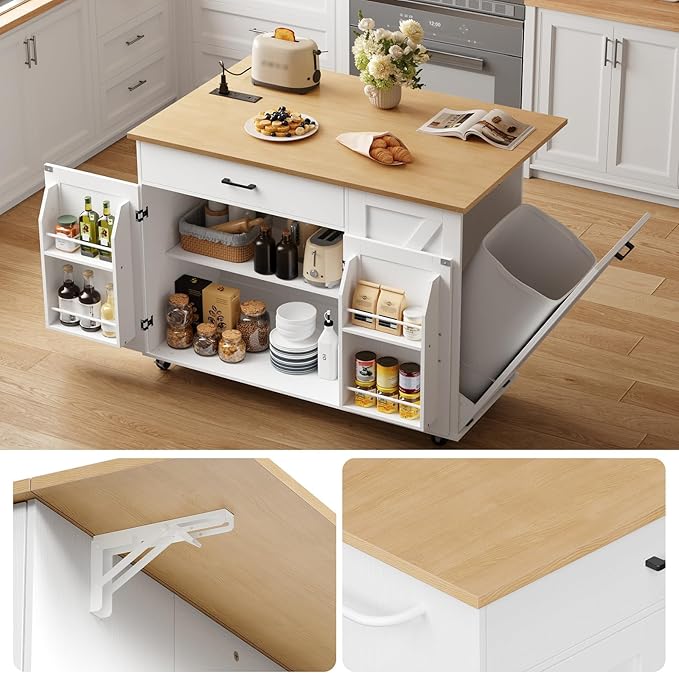HOOBRO Kitchen Island with Power Outlet & Drop Leaf, Rolling Kitchen Island with Trash Can Storage, Island Table with Storage Cabinet, Towel Rack, for Dining Room, White and Natural WN50UZD01