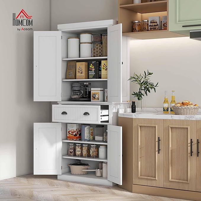 HOMCOM 72" Kitchen Pantry Cabinet, Freestanding Tall Storage Cabinet, Traditional Kitchen Cabinet with 4 Doors, Drawer and 3 Adjustable Shelves for Dining Room, White