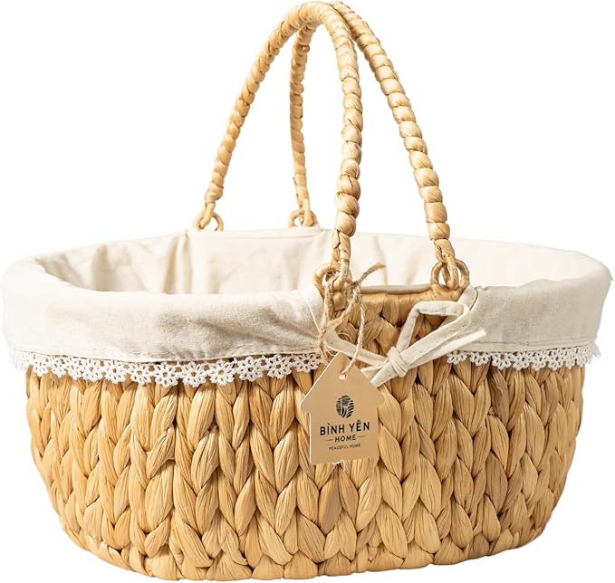 Wicker Basket with Handles and Lining, Handwoven Water Hyacinth Picnic Hamper, Oval Basket for Camping, Outdoor, Fruit, Wine, Thanksgiving day, Birthday, Easter, Gift, Home Decor