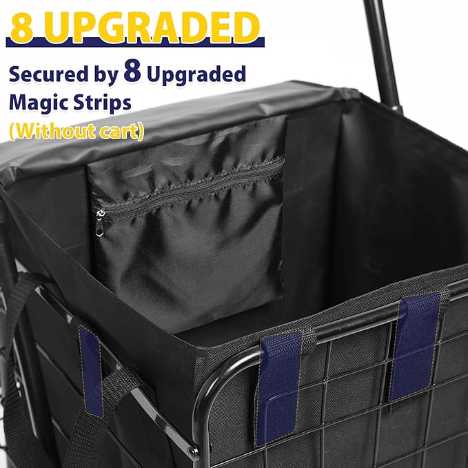 Waterproof Shopping Cart Liner with Cover (Without Carts) 14.7" X 13.2" X 20" Square Bottom, Fits Folding Shopping Trolley, Cover and Adjustable Straps for Easy Secure Attachment (Black