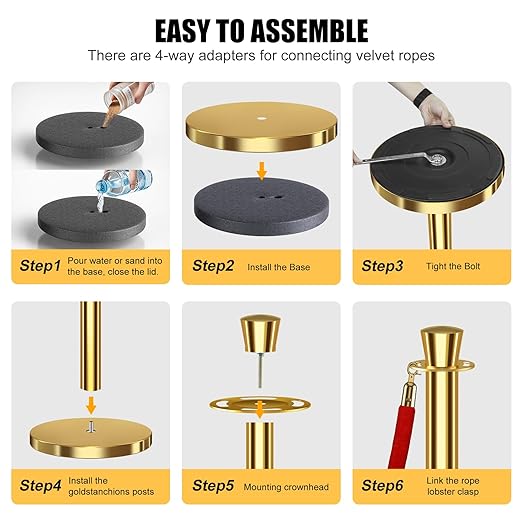 kaiyomi 6Pcs Stanchions with Red Velvet Ropes Set, 5 Feet Velvet Ropes and Posts Poles for Red Carpet Party Decoration and 360° Photo Booth (Golden)