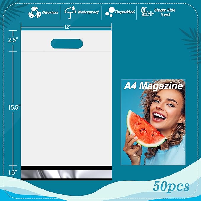 JinRuiKJ Poly Mailers with Handle 12x15.5 Inch 50 Pcs, Easy to Carry Packaging Bags for Small Business, Thank You Shipping Bags with Self Adhesive Strip, Tearproof and Waterproof - White