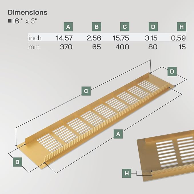 Vent Systems 15.75 x 3.15 Inch (Outer Size) Rectangular Door Vent - Gold Aluminum Vent Cover Toe Kick Vent Cover - HVAC for Home Cabinet Vent - Intake/Exhaust Door Return Air Vent