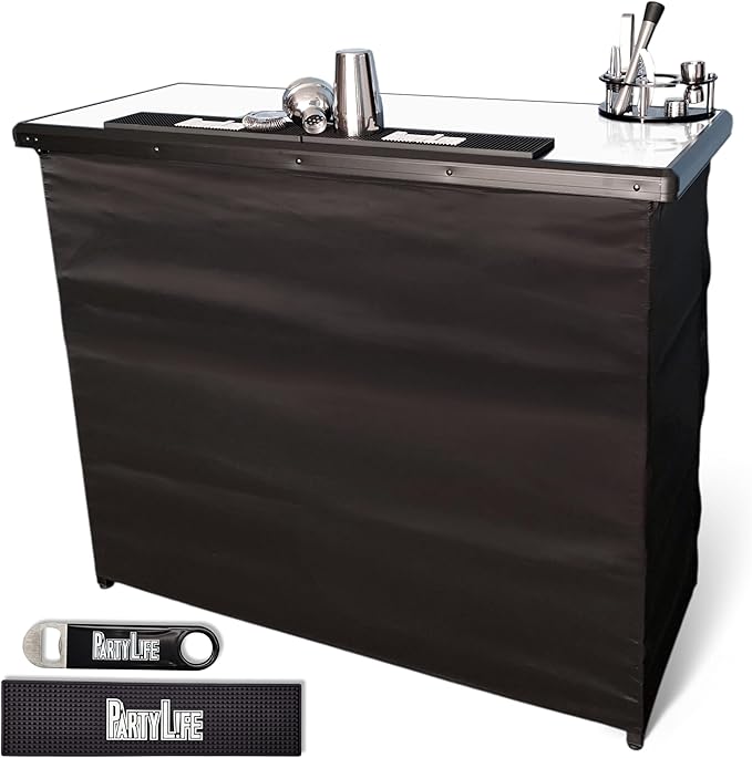 PartyLife Premium Portable Bar Table w/Folding Legs, Black Fabric Bar Skirt, 2 Storage Shelves & 2 Carrying Bags | Commercial Grade | Strong & Sturdy - White