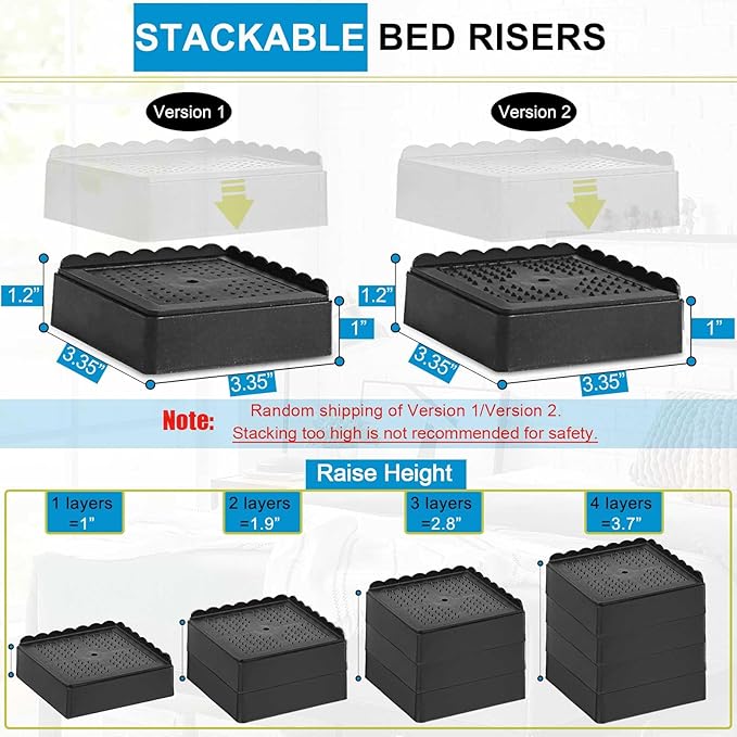 Bed Risers 1 inch, 2 inch, 3 inch, 4 inch Heavy Duty, Adjustable Furniture Riser for Table Desk Couch Sofa Chair Recliner Leg Frame Dorm, Stackable Bed Raisers Blocks (Black 8 Pack, 1+1 inch)
