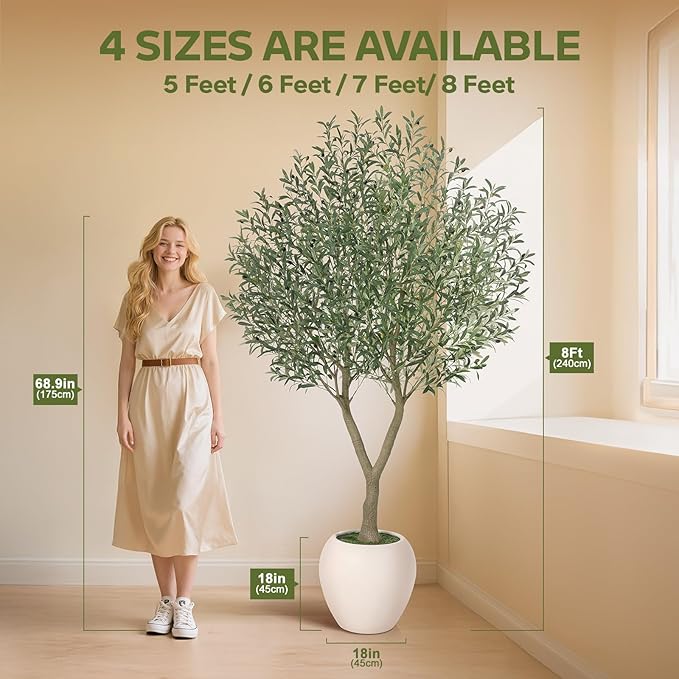 Olive Trees Artificial Indoor,8Ft Large Faux Plants,Tall Fake Tree with 18in White Round Planter,Full & Lush Faux Olive Tree for Home Decor Living Room, Office or Bedroom,Housewarming