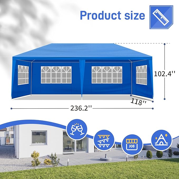 10x20 FT Party Tent, Outdoor Wedding Tents for Parties, Canopy Event Tent with 6 Removable Sidewalls, Waterproof Gazebo Shelter for Birthday Parties, Weddings, BBQs & Events (10X20FT-6Sides Blue)