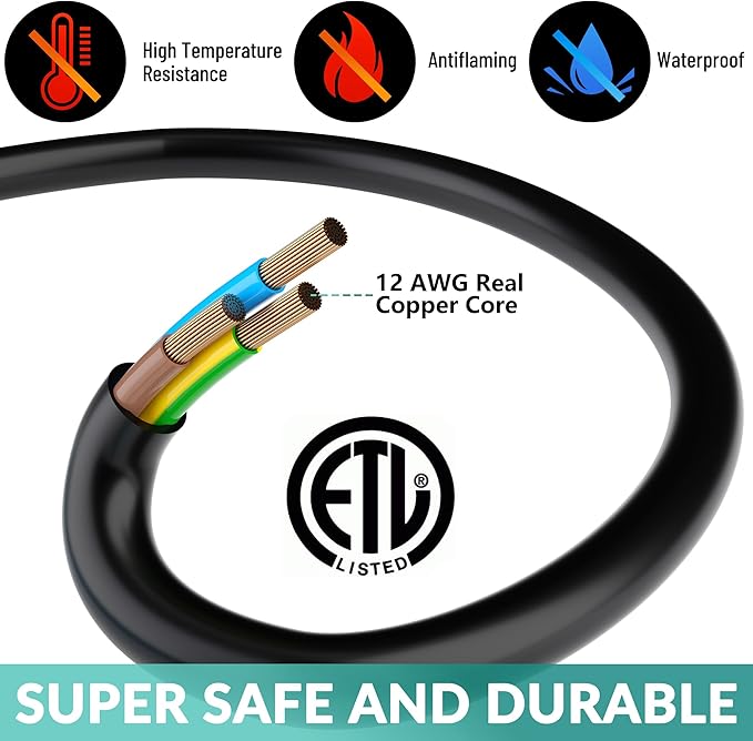 Outdoor Extension Cord 25 Ft with 3 Outlets, 12/3 SJTW 3 Prong Grounded Power Cord, 12 Gauge 12AWG Heavy Duty Power Cable, ETL Listed, 15 Amp 125 V 1875 W-Multiple Outlets for Indoor/Outdoor-Black