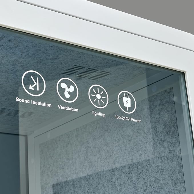 Mobile Office Pod Booth, Solo Soundproof Pod Acoustic Panels, Sound Pod Silent Ventilation, Wheels and Feet, Built-in Table, LED Lighting System, USB Ports White/Smoked Glass