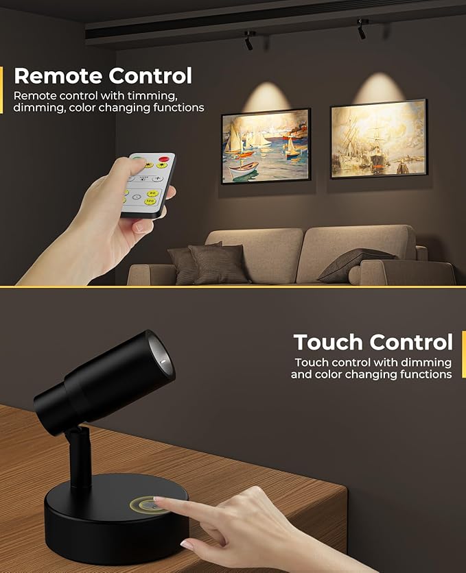 PESUTEN Spot Lights Indoor, Rechargeable Picture Light with Remote, Dimmable CCT Spotlight for Wall Art, 6000mAh Battery Uplights Indoor with Timer for Plant Artwork Painting Sofa Corner Black