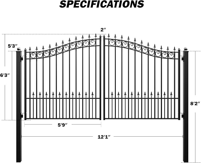 ZUMI Dual Swing Driveway Gates, 12x6 ft. Outdoor Steel Swing Gates for Driveway, Heavy-Duty Driveway Fence Gates for Home Security, Weatherproof Iron Security Gate Kit for Outdoor, Sydney Style