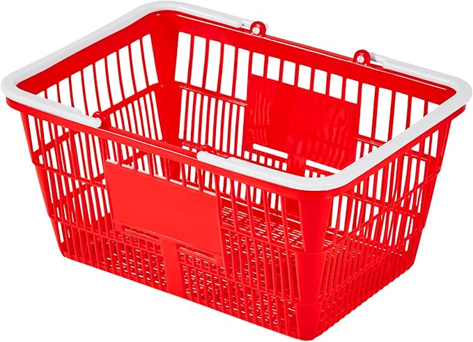 VEVOR Shopping Baskets, 4 PCS, 21L Stackable PE Plastic Grocery Baskets with Handles, Dense Mesh Structure, Holds up to 20 lbs, Portable for Grocery, Retail, Stores, Supermarket, Home Use, Red