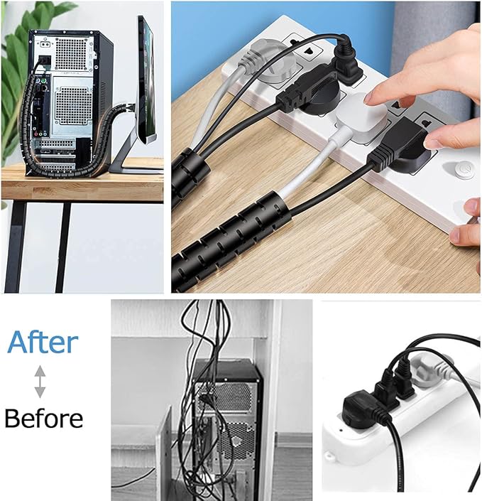 Computer Cable Sleeve Cord Management Organizer Large Black Wire Wrap Tube Under Desk Cord Covers Protectors Pets Chew Proof (1.1 inch and 7/8 inch) 5 Feet Long, TV Office Wire Wrap Solutions