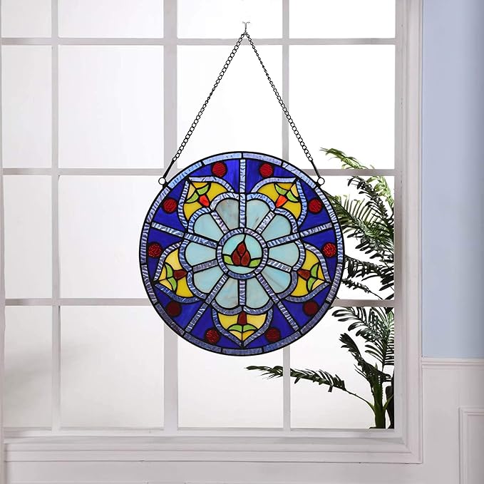 Stained Glass Window Hanging Tiffany Plant Style Blue Flower Suncatcher 12" Roud Wall Decor Art Panel Include 20" Chain and Hooks Perfect Christma Housewarming Gift