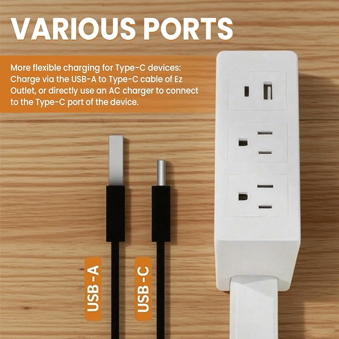 Adjustable Power Extension Pole with USB-C & USB-A Ports, 2 AC Outlets, 22–27 Inch Expandable Length, 180° Rotating Design, Space-Saving Power Strip for Sofa, Desk, and Bedside Use