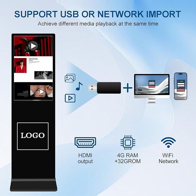 55 Inch Digital Signage Display, 4k Floor Standing LCD Touch Interactive Display Screen,with WiFi USB/App Software Input Digital Totem Auto Ad Player Android 14
