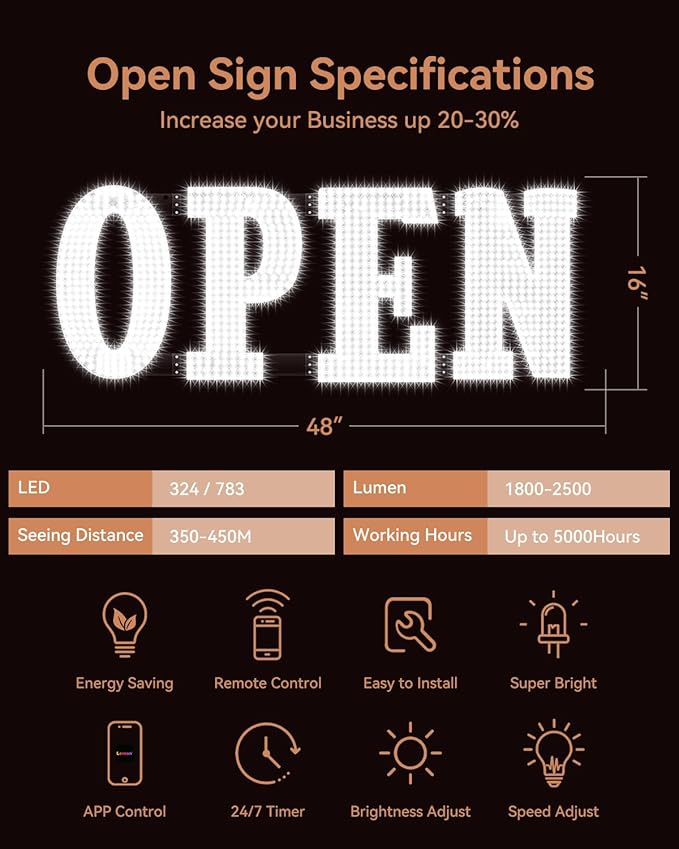 Open Sign for Business, 40"x14" Jumbo Open Sign with Timer and Remote Control, Dynamic Light Modes Led Signs for Storefront Window Bar Salon Cafes Retail Shops White
