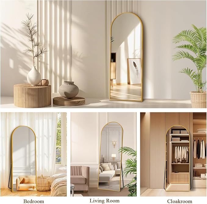 58"x18" Full Length Mirror with Stand, Shatterproof Arched Floor Mirror, Aluminum Alloy Thin Frame - Freestanding/Leaning/Wall Mount for Bedroom, Living Room & Entryway (Gold)