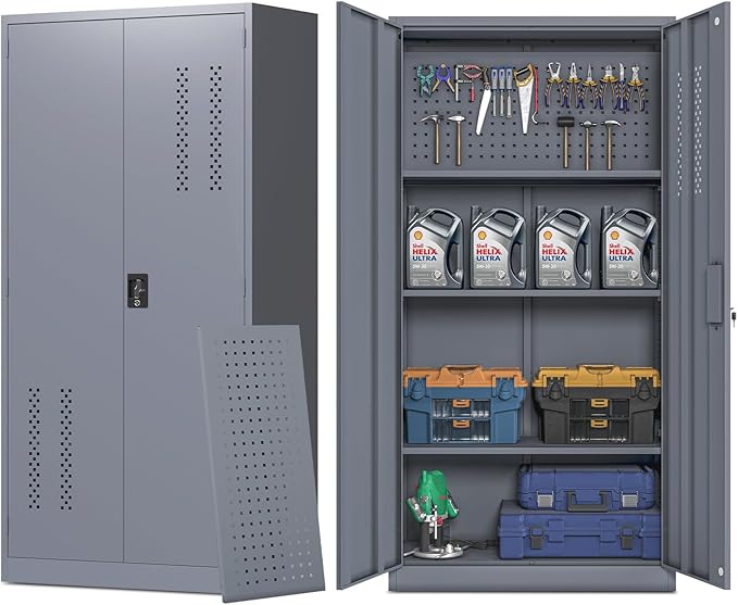 Metal Storage Cabinet Organization, 72'' Tall Locking Cabinet with Doors, Upgraded 4 Adjustable Shelves and Pegboard Garage Storage, Steel Tool Cabinets for Home, Office, Warehouse