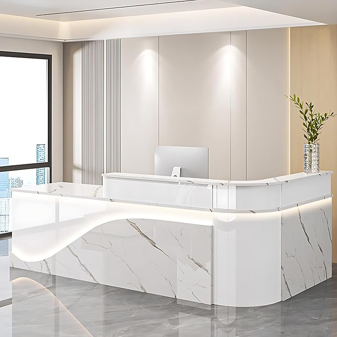 Modern Reception Desk – Front Desk, Reception Counter for Office, Checkout Counter, LED Lighting, Storage, Soft Close Drawers, Custom Logo, Fully Assembled (E,112IN)