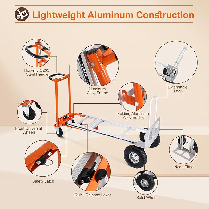 4-in-1 Convertible Hand Truck Dolly Cart, 770 lbs Heavy Duty Folding Hand Truck with 10" Solid Wheels, Aluminum Portable Dolly Hand Cart for Moving, Office, Home & Warehouse Use