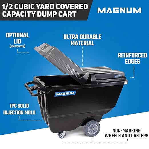 Magnum Tilt Truck, 1/2 Cu. Yd. Capacity Dump Cart with Non-Marking 12” Wheels & 5” Casters for Handling, Transporting on Construction Jobsites, 750 lbs, Trash Cart with Wheels DUC12T-NM-03PK (3-Pack)