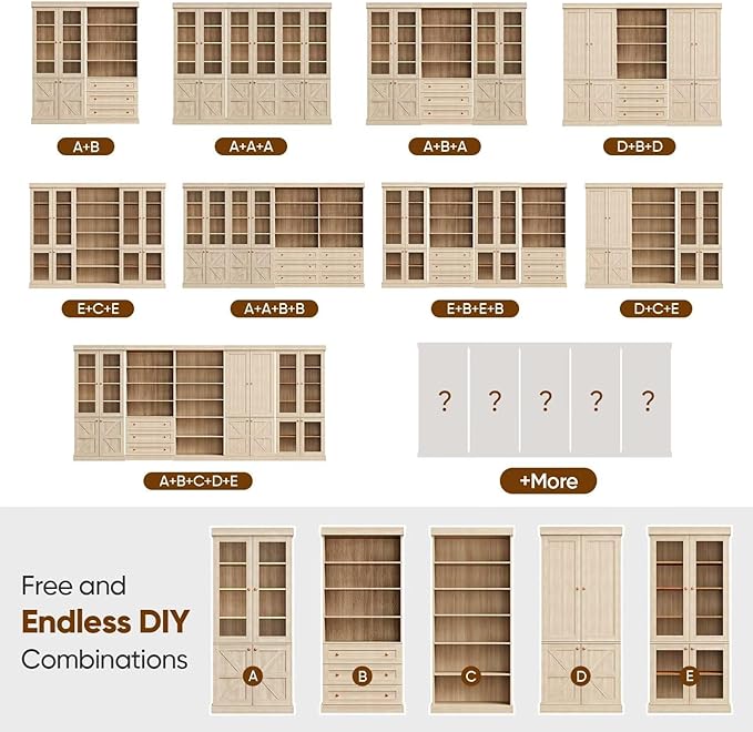 70.8" Tall Bookshelf with Doors, Farmhouse Modular Bookcase with 4-Tier Adjustable Shelves, Large Storage Cabinet for Home Office, Living Room, Brown