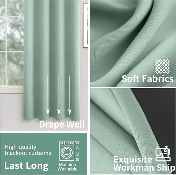 Short Blackout Curtains for Bedroom 54 Inch Length 2 Panels Set, Thermal Insulated Sun Blocking Soundproof Grommet Window Curtains with Thick Black Liner, Each 42 Inch Wide, Frosty Green