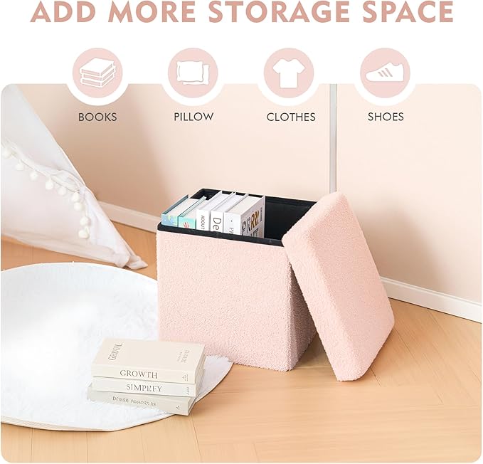 B FSOBEIIALEO Small Storage Ottoman Cube Sherpa Ottomans Foot Rest, Foldable Boucle Ottoman, Faux Teddy Fur, Pink 12.6"x12.6"x12.6"