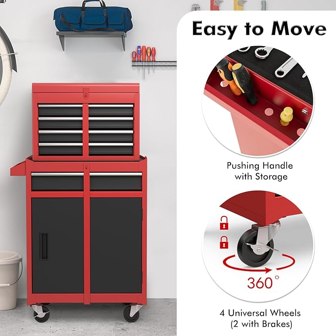 Goplus Tool Chest, 5 Drawers Rolling Tool Cabinet with Detachable Top Toolbox, Universal Lockable Wheels, Lock Bar, Protective Liner & Tool Rack, Metal Tool Storage Cart, Tool Box for Garage Workshop
