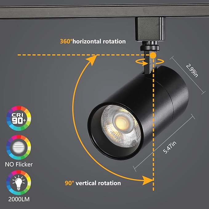 VANoopee 3-Color in 1 20W H Track Lighting Heads Dimmable Flicker Free Bright LED Track Lighting Fixtures for Accent Retail Kitchen Artwork, Linear Track Light H Type - CRI90+ 36° 20W Black
