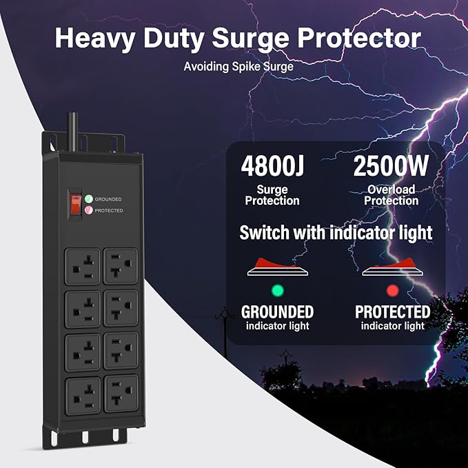 CCCEI Magnetic Heavy Duty Power Strip Surge Protector 20Amp, 12 Gauge High Amp Extension Outlets, Garage Wall Mount 8 Plug Metal Power Strip. 6FT, Black, 5-15P Adapter 6-20R T-Slot 20a for Appliance