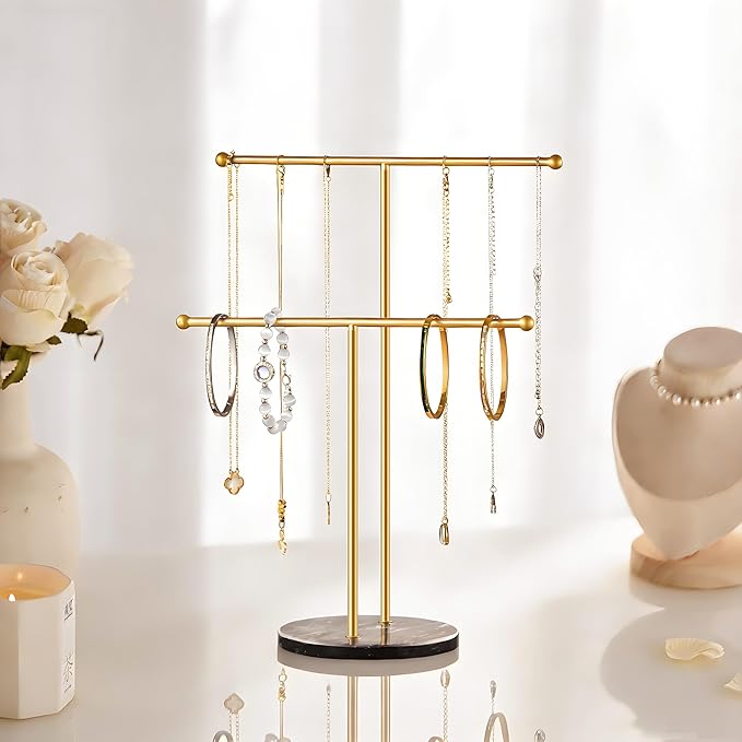 pickpiff Necklace Holder Stand: 2 Tier Jewelry Organizer with Marble Base, Gold Jewelry Tree Display for Bracelets, Rings, Earrings, Gold and Black