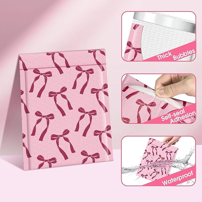 Fuxury Bubble Mailers 8.5x12 40 Pack, Pink Bows Cute Design Bubble Envelopes Usable Size 8.5x11",Strong Adhesion Pattern Padded Shipping Envelopes Thick Mailer for Mailing Books,Clothes