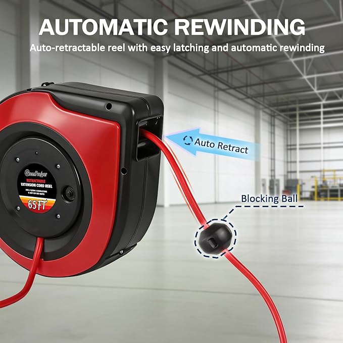 65Ft Heavy Duty Cord Reel, Retractable Extension Cord, 12AWG/3C SJTOW, Lighted Triple Tap Outlets 15A Circuit Breaker, Wall/Ceiling Mounted, Adjustable Stopper UL Listed Red