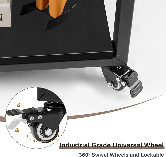 Under Desk Printer Stand - 2-Tier Industrial Mobile Printer Table with Storage Shelf, 19.7''x19.7''x12.6'' Heavy Duty Wood Rolling Printer Cart with Wheels for Home and Office,Classic Black