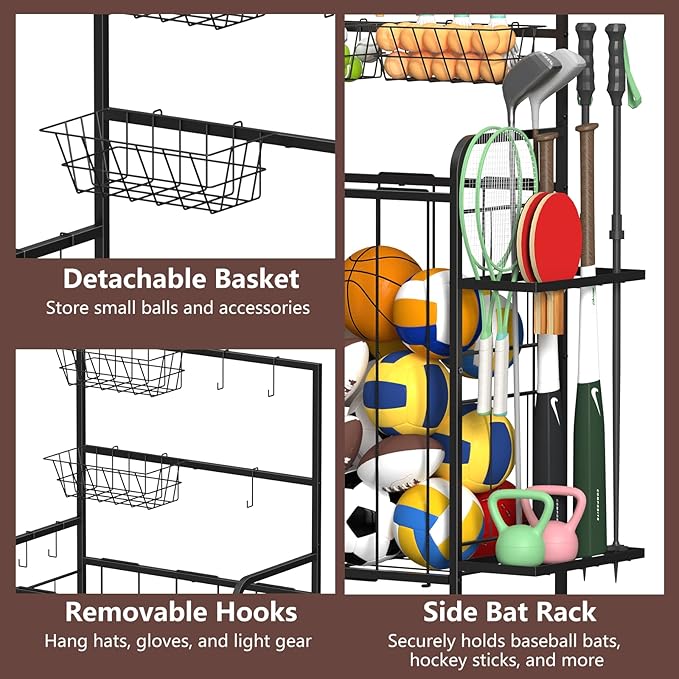 HEOMU Sports Equipment Organizer, Ball Organizer with Elastic Rope and Side Rack, Garage Ball Storage with 5 Hooks and 2 Baskets, Basketball Rack for Garage, Gym, Indoor or Outdoor, Black