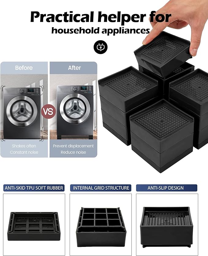 Furniture Risers, Tclouda Bed/Sofa/Desk/Table/Chair Leg/Fridge Lifts to 1.5, 3 and 4 in, Rectangle Adjustable Risers Blocks for Extenders, Heavy Duty Supports Up to 1300 Lbs, 3 in-Black-Square