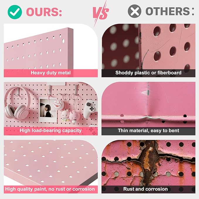 Peg Board, 2 Pack Metal Pegboard Panels Pink Pegboards Wall Organizer with Frame Large Heavy Duty Peg Board with Hooks for Walls Home,Garage Tool Storage,Office Organization,Kitchen 24”×16”