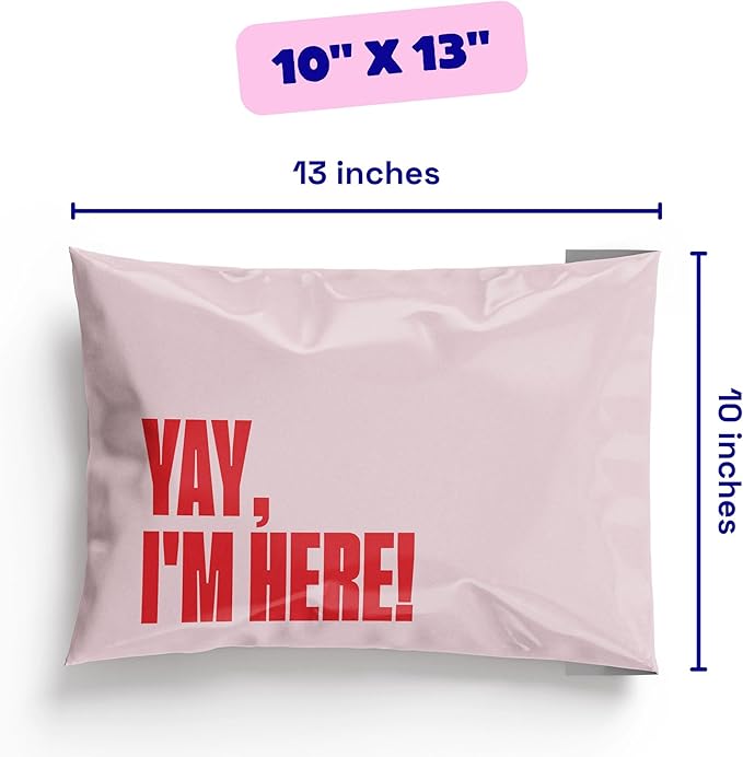 Poly Mailers 10x13 – 100 Pack – Cute Printed Recyclable Shipping Envelopes for Small Business Packaging, Self Sealing Mailing Bags – Yay I’m Here Pink/Red Design