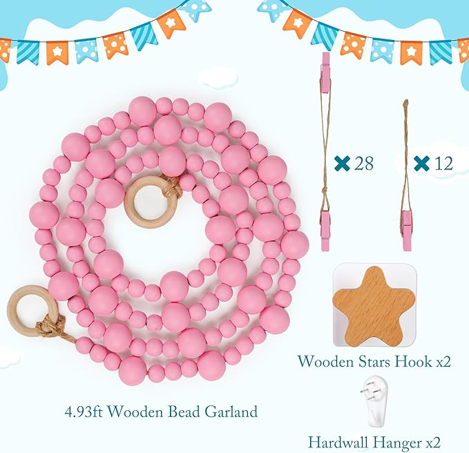 KOLLIEE Kids Artwork Display Art Wall Decor 4.93ft Boho Wooden Beaded Garland Collage Holder with Hanging Rings Wooden Stars Hook 40 Wood Clips for Kids Artwork Photo Room Bedroom Decor Pink